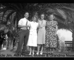 Jim Nissen, Helen Nissen, Edna Nissen and Susana Nissen posing for a photograph at Hill Plaza Park in Petaluma, California, about 1941