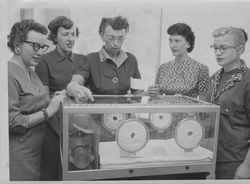 Examining an incubator at the new Hillcrest Hospital, Petaluma, California, 1956