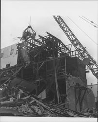 View of the dismantling of the Golden Eagle Milling Company warehouse, Petaluma, California, 1965