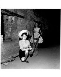 Unidentified girls posing around the Petaluma Adobe, Petaluma, California, about 1963