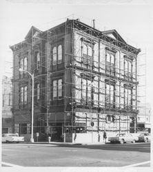 Scaffolding surrounding the Mutual Relief building, Petaluma, California