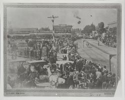 Town of Healdsburg, California gathered around the square in the summertime for an unidentified event and contest, Healdsburg, California, about 1889