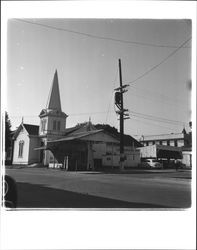 First Presbyterian Church and Carl's Radiator Shop, Petaluma, California, 1951