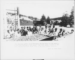 Simi employees gather around Monsignor William Hynes for the winery's traditional blessing of the grapes, Healdsburg, California, 1985