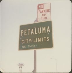 Petaluma, California city limits sign, "Population 31,150," September 8, 1977