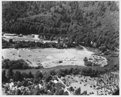 Aerial view of a beach on the Russian River just east of Guerneville, California, September 1955