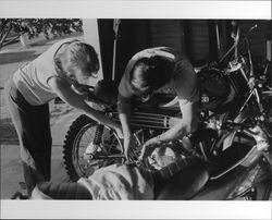 Unidentified people on motorcycles in Petaluma, California, 1973