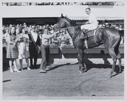 Jockey Merlin Volzke in the Winner's Circle at the Sonoma County Fair Racetrack, Santa Rosa, California