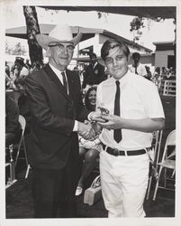 George Orr presents trophy at the Sonoma County Fair, Santa Rosa, California, 1971