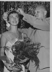 Ann Nisson being crowned Miss Sonoma County by County Supervisor Leigh Shoemaker at the Petaluma Fairgrounds, Petaluma, California, August 1, 1957