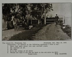 Lloyd gates at the Wm. Hasper farm in Petaluma, California, as shown in the Lloyd Co. catalog for 1912