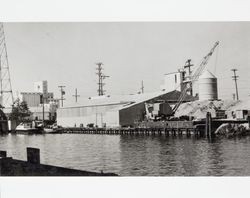 Pioneer Shell Company warehouse on the Petaluma River waterfront, Petaluma, California, about 1954