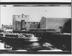 Barge "Riverside" docked at McNear warehouse, Petaluma, California, about 1904