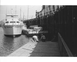 People on the floating dock beneath the Petaluma and Santa Rosa Railroad at the Turning Basin