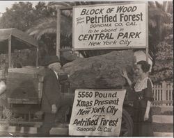 Luther Burbank and Elizabeth Waters Burbank standing with a block of petrified wood from the Petrified Forest near Calistoga, California, bound for New York, N. Y., 1921