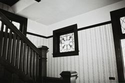 Interior details of the stairs and stained glass window , Sweet House at 607 Cherry Street, Santa Rosa, California
