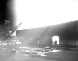 Petaluma Fire Department firefighters at the Second Street warehouse fire, September 9, 1957