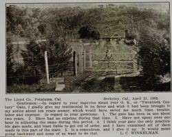 Lloyd gate at the farm of L. C. Winkelman in Berkeley, California, as shown in the Lloyd Co. catalog for 1912