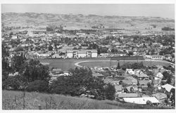 View of Durst Field and Petaluma High School looking east, Petaluma, California, 1955