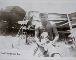 Fred L. Volkerts, Jr. and his dog at a US Marine Corps camp during World War II, likely Camp Pendleton, California, about 1942