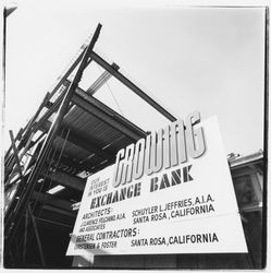Construction sign for the new Exchange Bank building, 545 Fourth Street, Santa Rosa, California, 1971