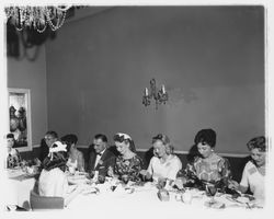 Miss Sonoma County candidates and judges in the Topaz Room, Santa Rosa, California, 1959