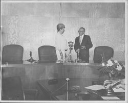 Helen Putnam and Norm Van Bebber in City Council chambers, Petaluma, California, 1976