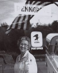 Harriet Chambille Boysen stands in front of the Penngrove Post Office, Penngrove, California, in the 1970s
