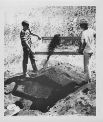 Sifting for artifacts at the Old Adobe, Petaluma, California, about 1957