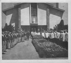 Crowd outside St. Eugene's Cathedral, Santa Rosa, California, 1962