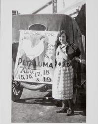 Emily Spaich, Miss Petaluma of 1923, promotes Egg Day and Fair held in August 1923 in Petaluma, California