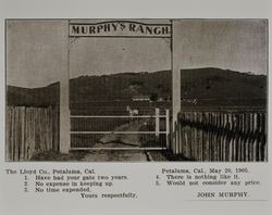 Lloyd gate at Murphy's Ranch, Petaluma, California, as pictured in the Lloyd Co. catalog of 1912