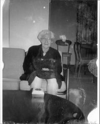 Sarah Neil sitting on a couch in her home at 231 Wilson Street, Petaluma, California, about 1960