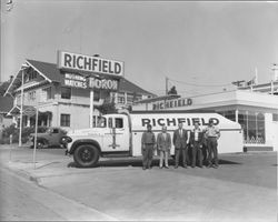 Employees at the Richfield Service Station in front of the delivery truck, Petaluma, California, 1959