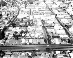 Santa Rosa, looking east from Highway 101 between 7th and 5th Streets (aerial view), Santa Rosa, California, 1967