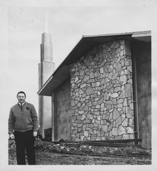 Joseph S. Allen in front of the newly built Mormon Church, Petaluma, California, about 1964