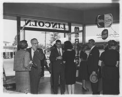 Large group at G.K. Hardt preparing to board buses to San Francisco, Santa Rosa, California, 1960