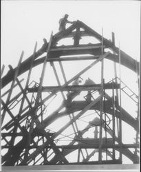 Builders on roof of Church of One Tree at Juilliard Park, Santa Rosa, California, in 1957