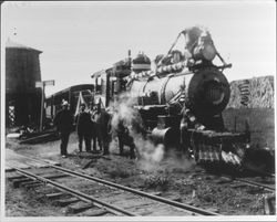 Locomotive decorated for Fourth of July celebration