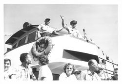 Fred Stindt and Captain Don Kinnon aboard the boat Harbor King, Petaluma, California, October 14, 1961