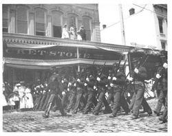 Soldiers marching in an unidentified parade in Petaluma, California, about 1900