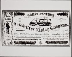 Stock certificate for the Great Eastern Quicksilver Mine, Sweetwater Springs Road, Guerneville, California, October 27, 1897