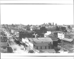 Birds eye view of the Washington Street bridge and surroundings from atop the Golden Eagle Mill, Petaluma, California, 1912