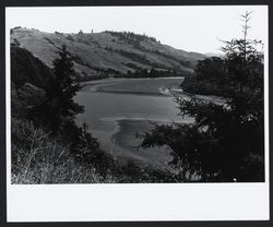 View of the Russian River and the beach below the Willow Creek Environmental Campground area near Highway 1, about 1969