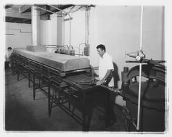 Unidentified worker feeding extruded strips of Slivers dog food into the oven at Gro-Kote, Santa Rosa, California, 1964