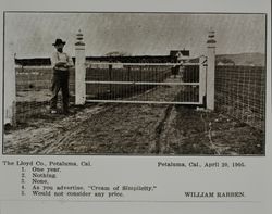 Lloyd gate at the William Rabben farm in Petaluma, California, as shown in the Lloyd Co. catalog for 1912