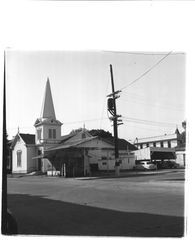 First Presbyterian Church and Carl's Radiator Shop, Petaluma, California, 1951