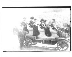 Group of people in a sightseeing bus, Petaluma, California(?), about 1908