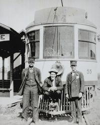 Willmer Strout with crewmembers of Petaluma and Santa Rosa Railroad car No. 55, Santa Rosa, California, about 1938