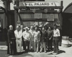 Group of men and Fr. Boeddeker at the Sonoma County Fair for the Mexicana Villa dedication, Santa Rosa, California, 1976